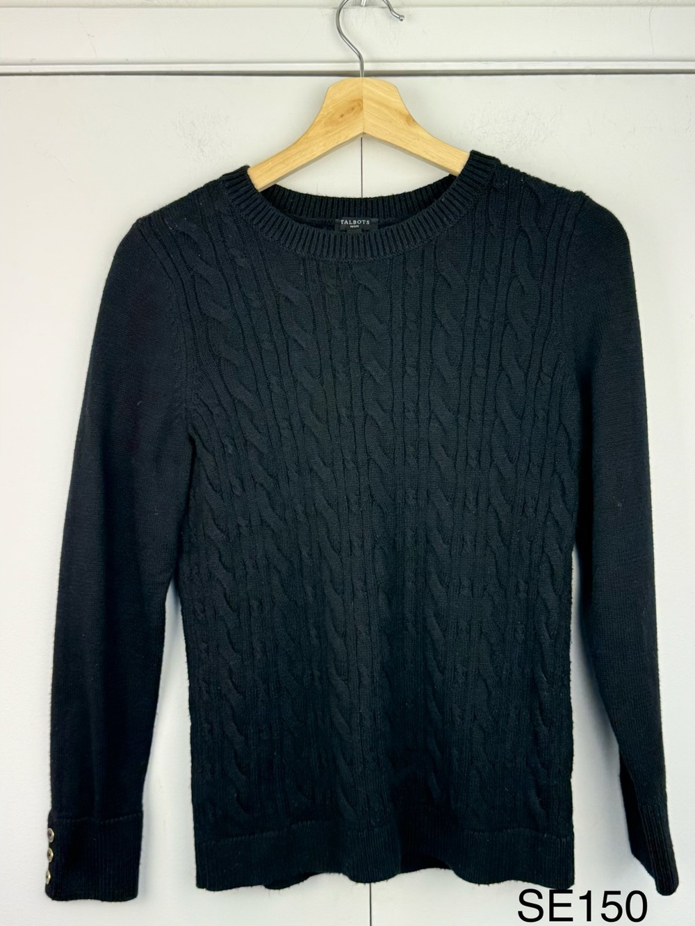 Talbots Petite Black Cable Knit Crewneck Sweater MP Button Cuffs